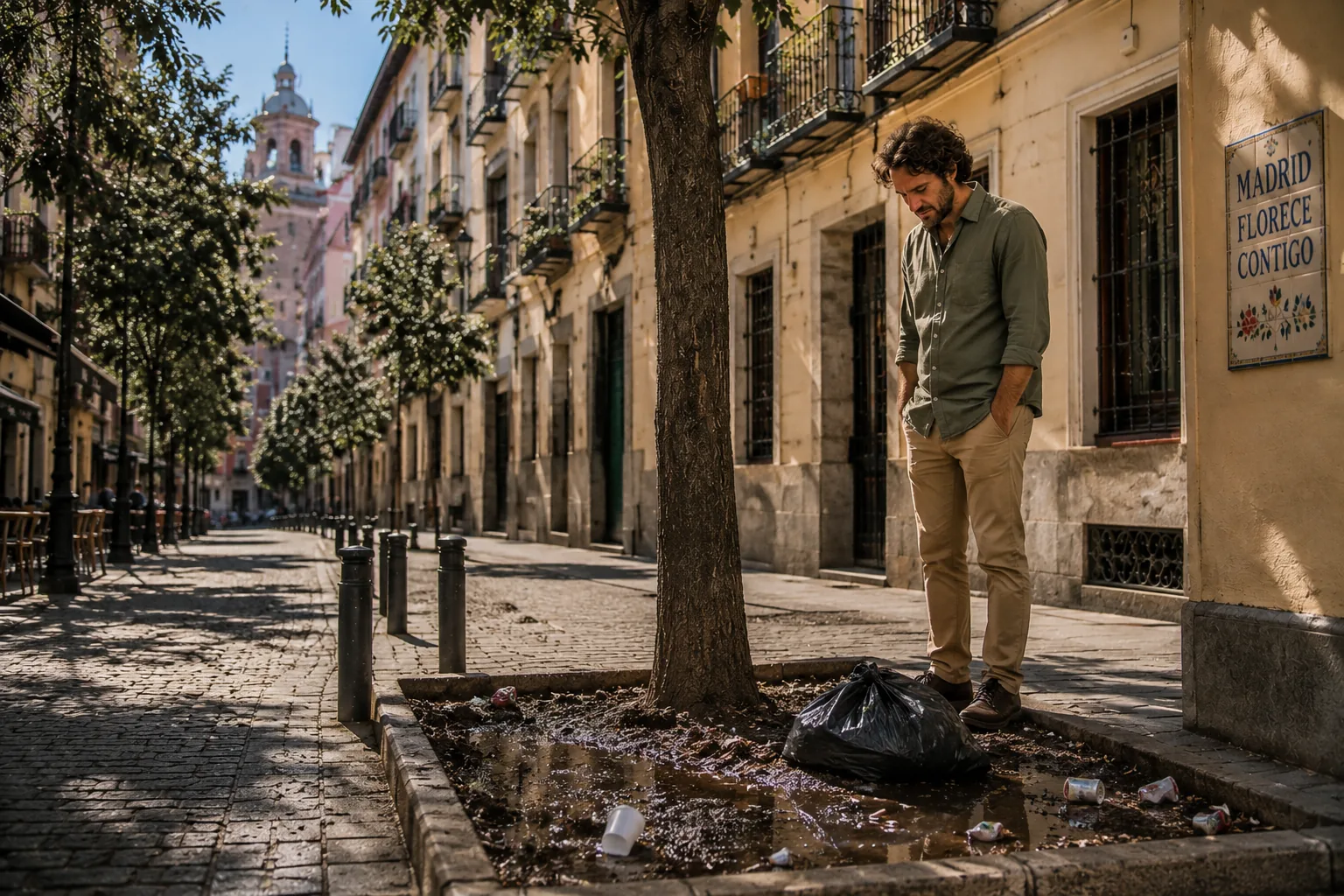 Antes: un vecino mira con tristeza un alcorque sucio lleno de basuras en La Latina