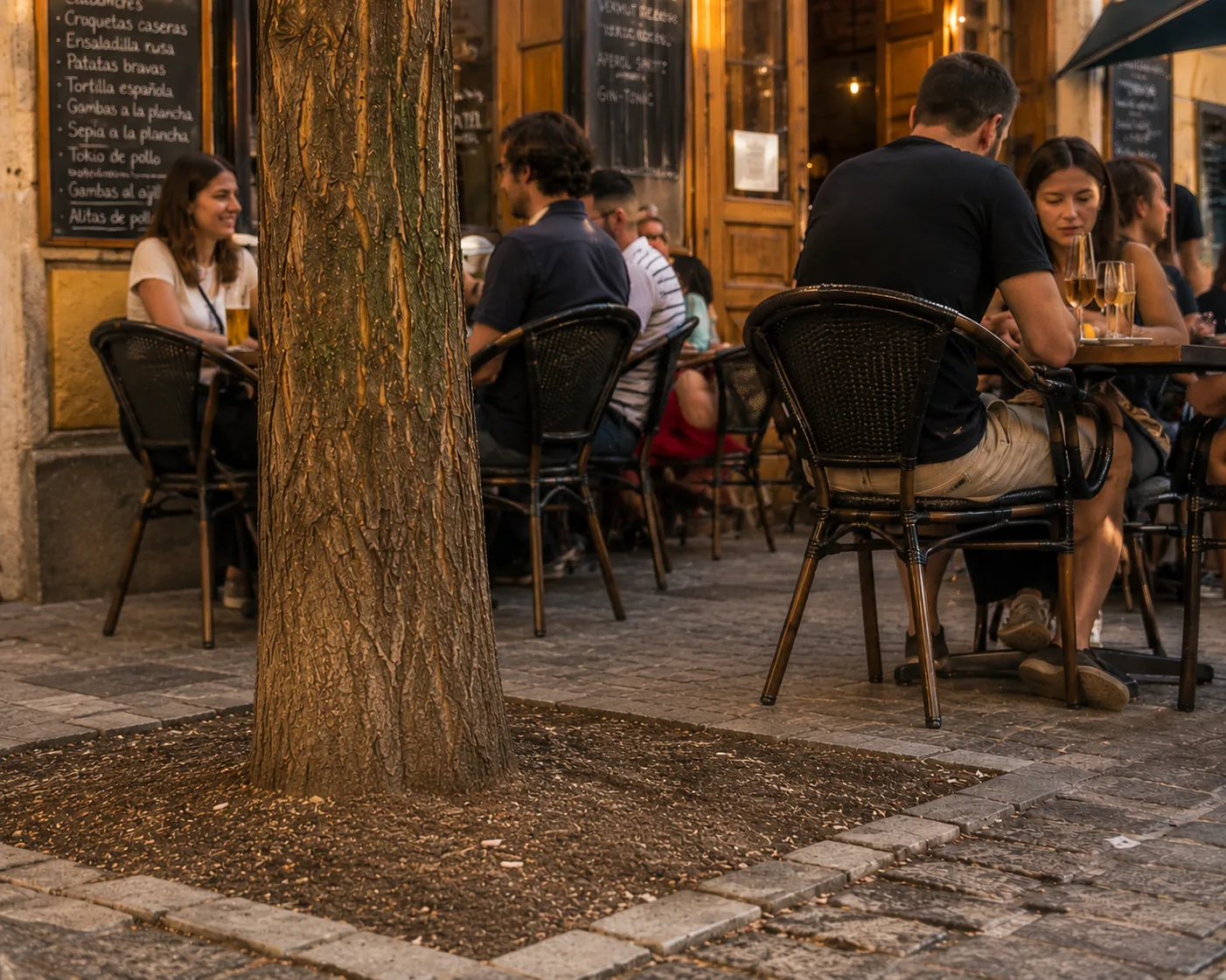 Antes: terraza de un bar de Malasaña con un alcorque vacío y sucio al pie del árbol