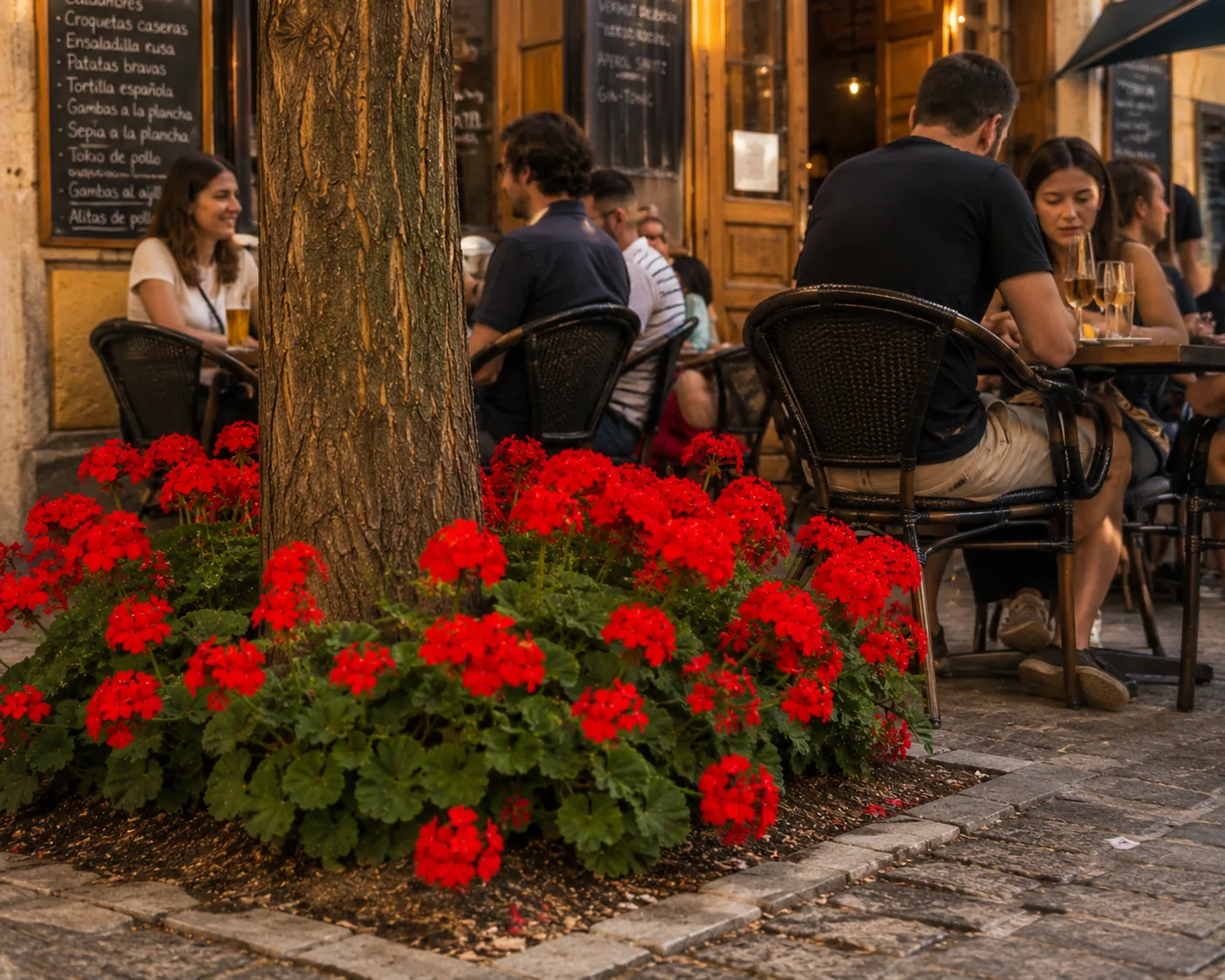 Después: la misma terraza con el alcorque rodeado de geranios rojos en flor mientras la gente cena